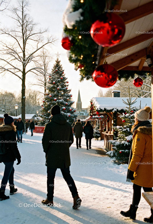 Winter Market Walk with Festive Holiday Decorations