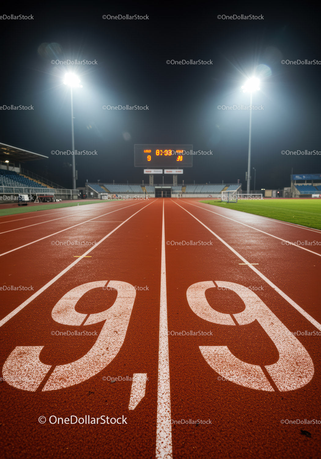 Night view of illuminated running track lanes 9 and 9.1