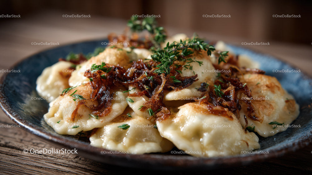 Delicious homemade ravioli with caramelized onions and herbs