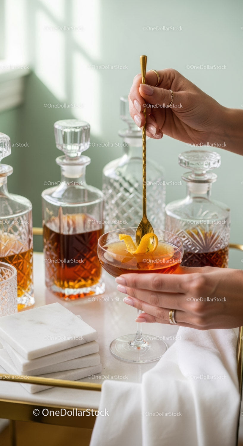 Elegant Amber Cocktail in Crystal Glass with Lemon Twist for Sophisticated Settings