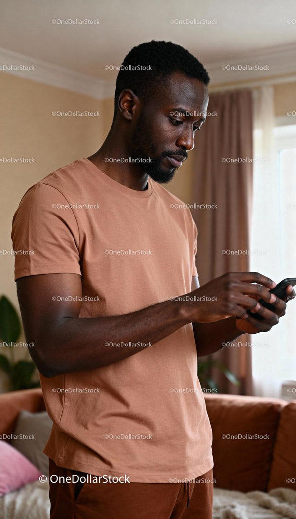 Focused man using smartphone in cozy living room