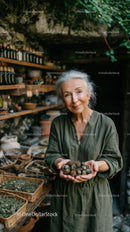 Elderly Woman Holding Rock Cluster in Garden Shop for Natural Living