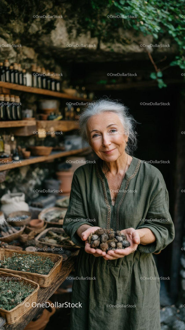 Elderly Woman Holding Rock Cluster in Garden Shop for Natural Living