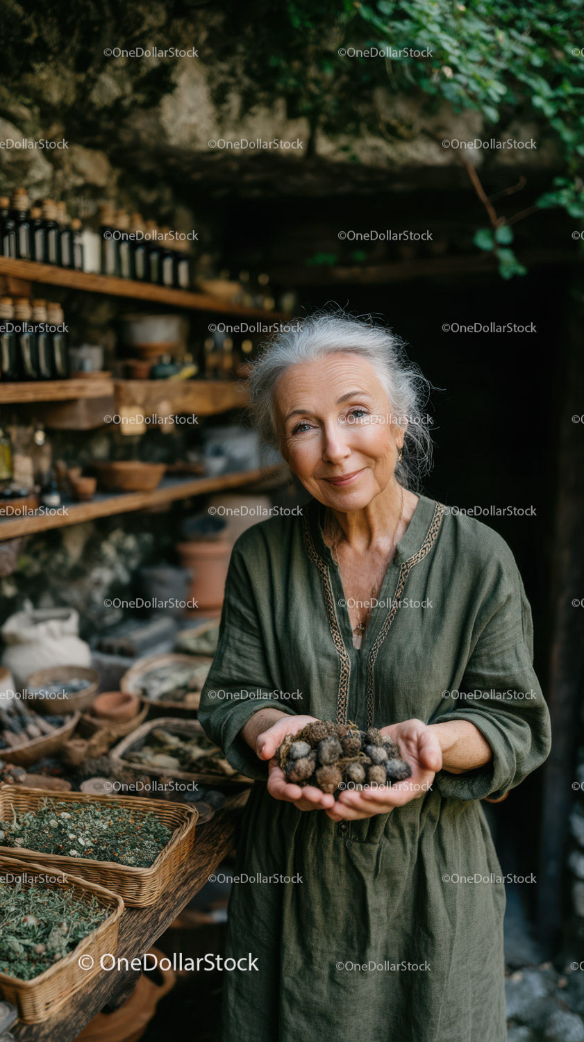 Starsza kobieta trzymająca grupę skał w sklepie ogrodniczym oferującym produkty naturalne