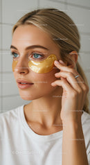 Close-up of a woman applying gold eye patches for skincare relaxation