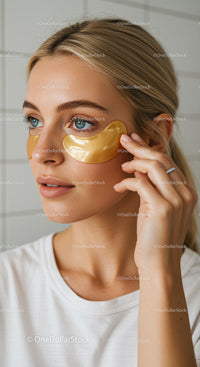 Close-up of a woman applying gold eye patches for skincare relaxation