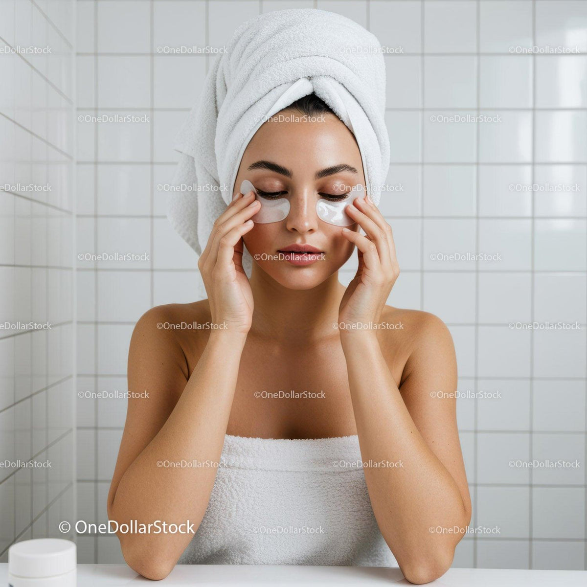 Woman pampering skin with under eye patches at home