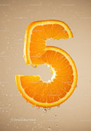 Fresh orange slice shaped as number five with water droplets