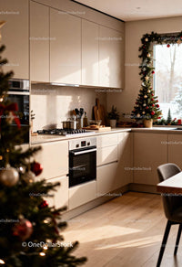 Cozy modern kitchen decorated for Christmas holiday