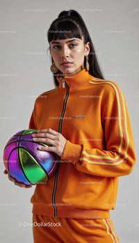Young Woman in Orange Tracksuit Holding a Colorful Basketball in Street Style