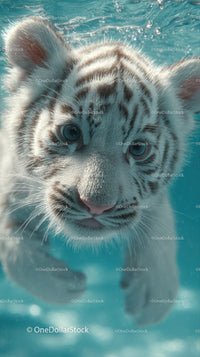 White tiger cub swimming underwater with piercing blue eyes
