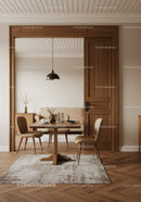Modern Dining Room with Wooden Doorframe and Beige Chairs