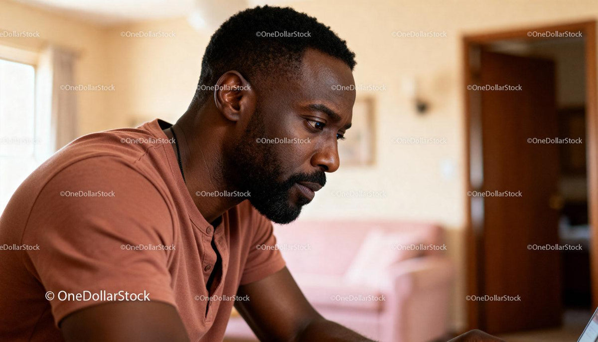 Focused man working on laptop in cozy living room