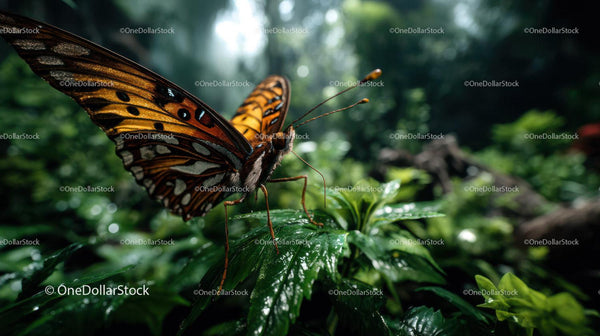 Colorful Butterfly on Green Leaf in Vibrant Tropical Jungle