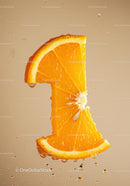 Orange Slice Shaped Like Number One with Water Drops