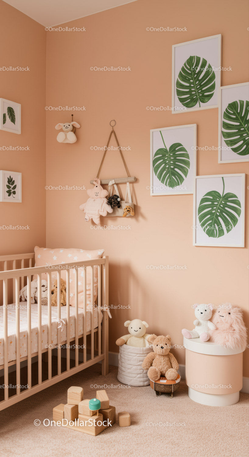 Cozy Baby Nursery with Tropical Leaf Wall Art and Plush Toys