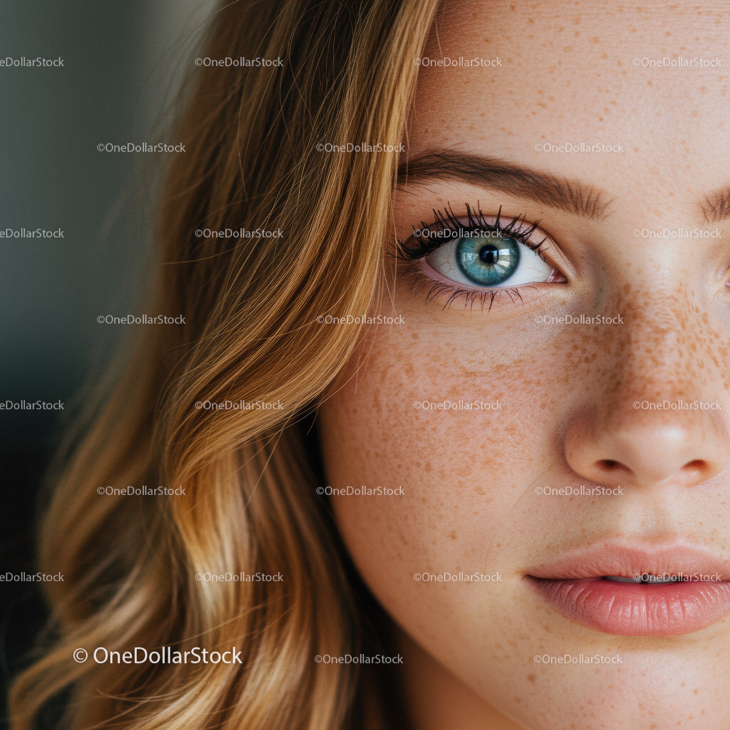 Close-up of young woman with freckles and blue eyes