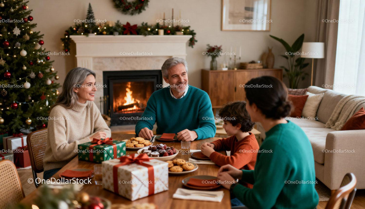 Family enjoying holiday treats by fireplace at Christmas