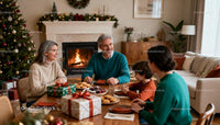 Family enjoying holiday treats by fireplace at Christmas