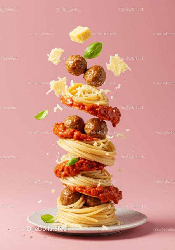 Układane spaghetti z pulpecikami, bazylią i serem