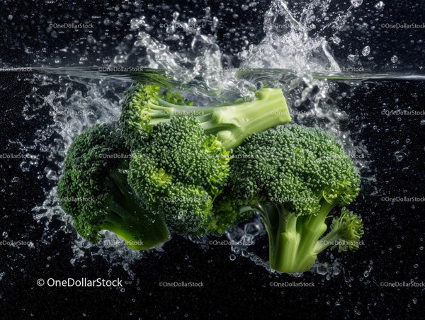 Fresh Broccoli Florets in Water with Splashing Effect for Healthy Life