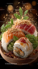 Assorted Sushi Rolls with Fresh Fish and Garnishes on a Wooden Plate