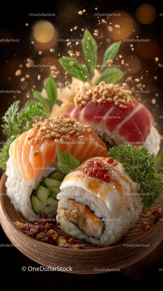 Assorted Sushi Rolls with Fresh Fish and Garnishes on a Wooden Plate