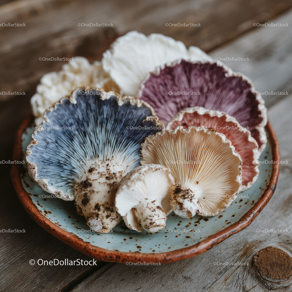 Kolorowe grzyby leśne w rustykalnej ceramicznej misce do użytku kulinarnego
