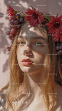 Young Woman with Red Floral Crown and Purple Grapes Outdoor Portrait