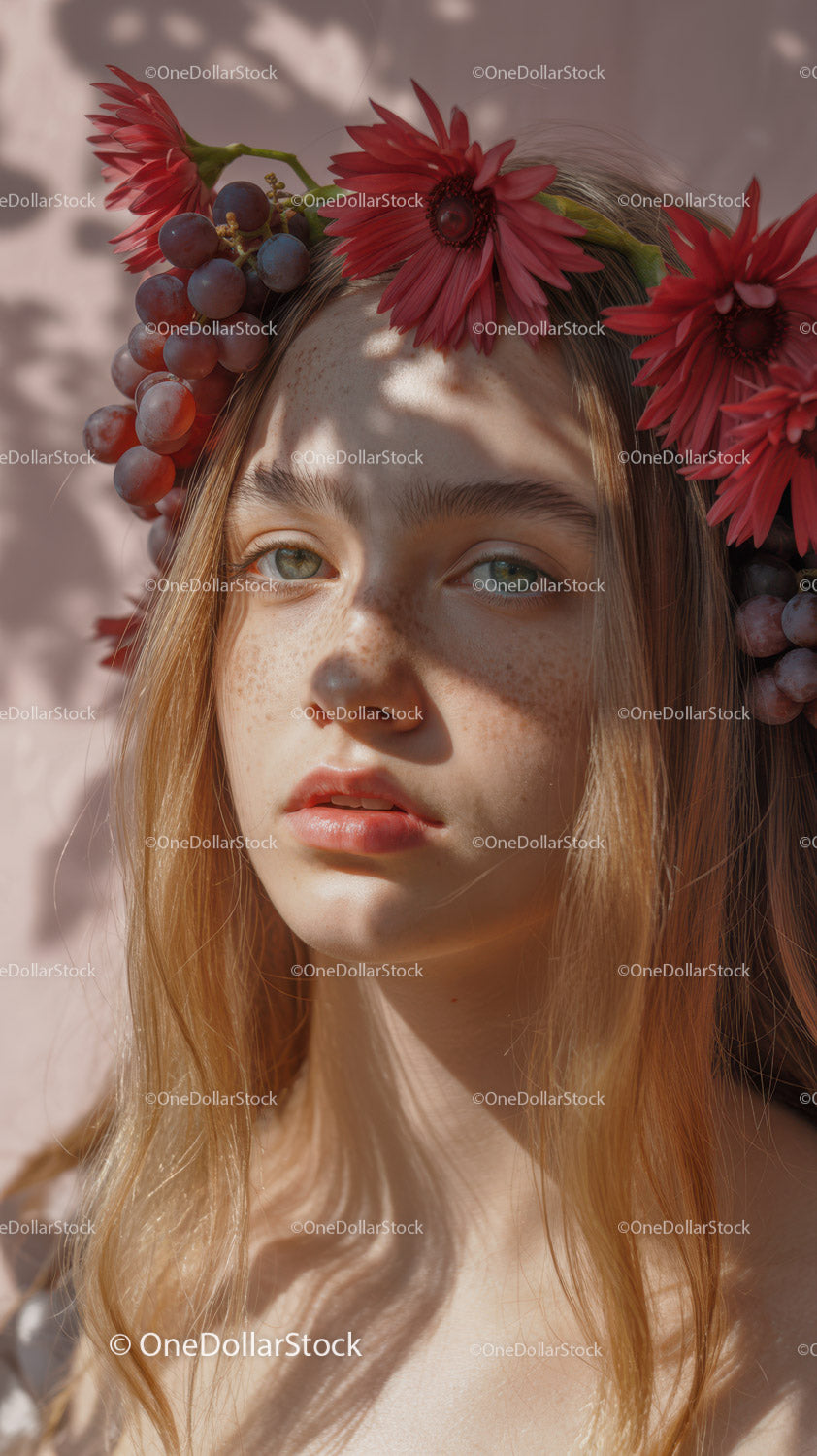 Young Woman with Red Floral Crown and Purple Grapes Outdoor Portrait