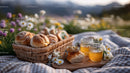 Fresh Baked Bread and Honey Jars on Picnic in Countryside Landscape