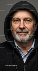 Mature man with beard wearing hooded jacket portrait