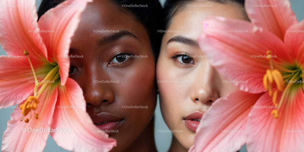 Two Women Framed by Delicate Pink Lilies