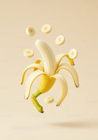 Fresh Peeled Banana with Floating Slices on Beige Background