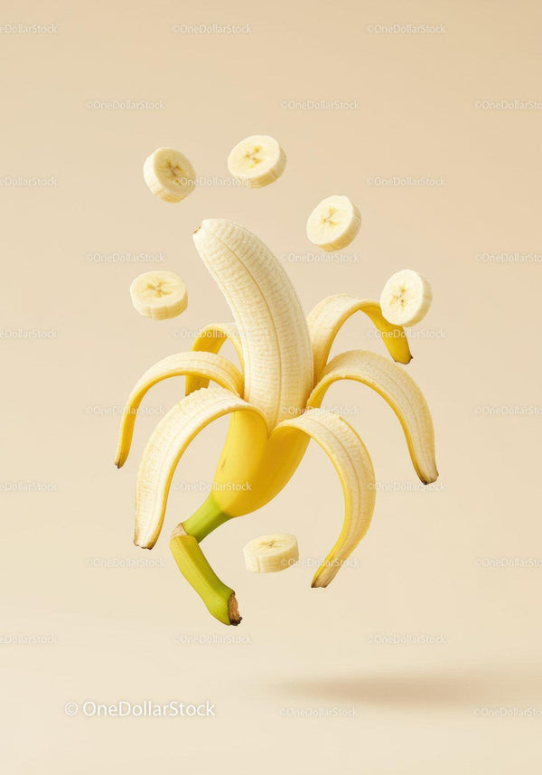 Fresh Peeled Banana with Floating Slices on Beige Background