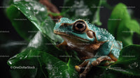 Close-up of Green Tree Frog on Lush Tropical Foliage