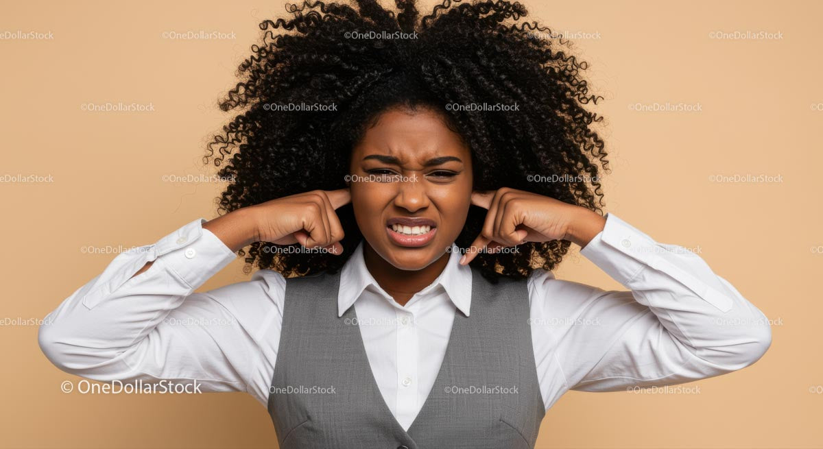 Frustrated Woman Covering Ears with Annoyed Expression