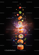Floating sushi rolls with fresh ingredients in space