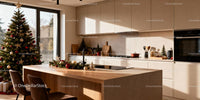 Modern kitchen with Christmas tree and festive decorations
