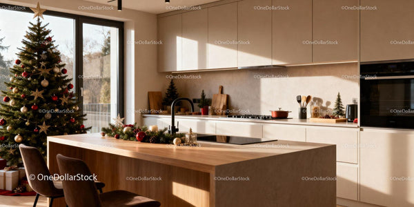 Modern kitchen with Christmas tree and festive decorations