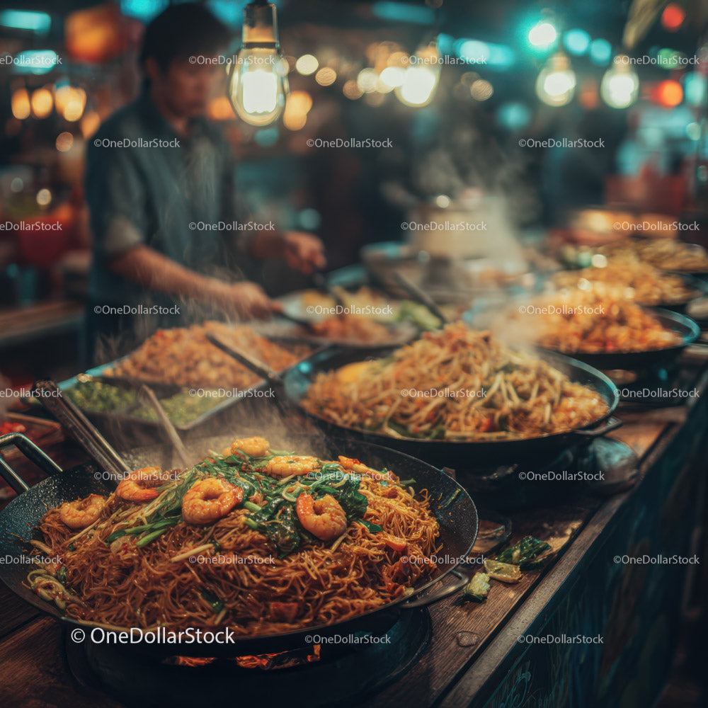 Street food vendor cooking stir-fry noodles at night market