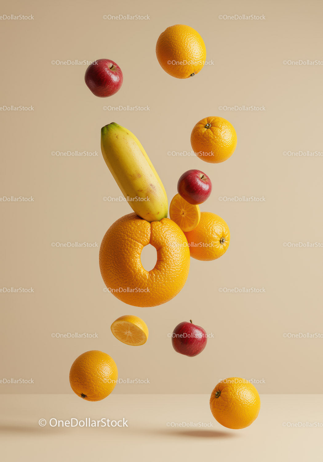 Floating Fresh Fruits Composition Against Beige Background