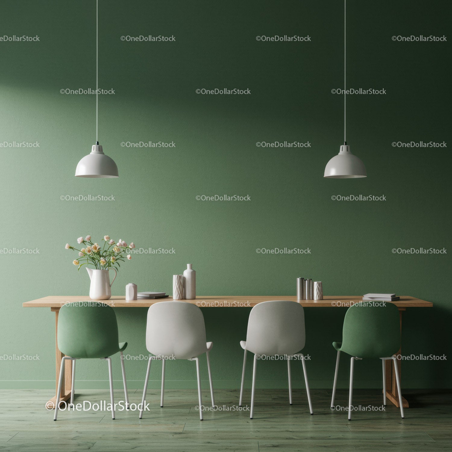 Modern Dining Room with Green Accent Wall and Minimalist Decor