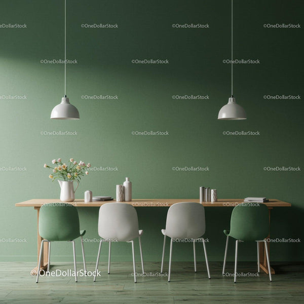 Modern Dining Room with Green Accent Wall and Minimalist Decor