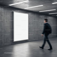 Businessman walking past blank illuminated advertising board