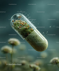 Green Capsule Filled with Moss and Herbal Plants for Natural Wellness