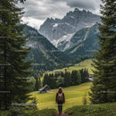 Majestic Mountain Range Surrounded by Green Forest and Cloudy Sky