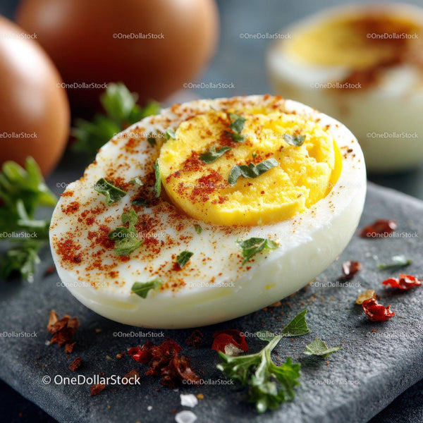 Close-up of Deviled Eggs Garnished with Herbs and Paprika