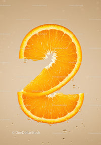 Juicy orange slices arranged as number two on beige background