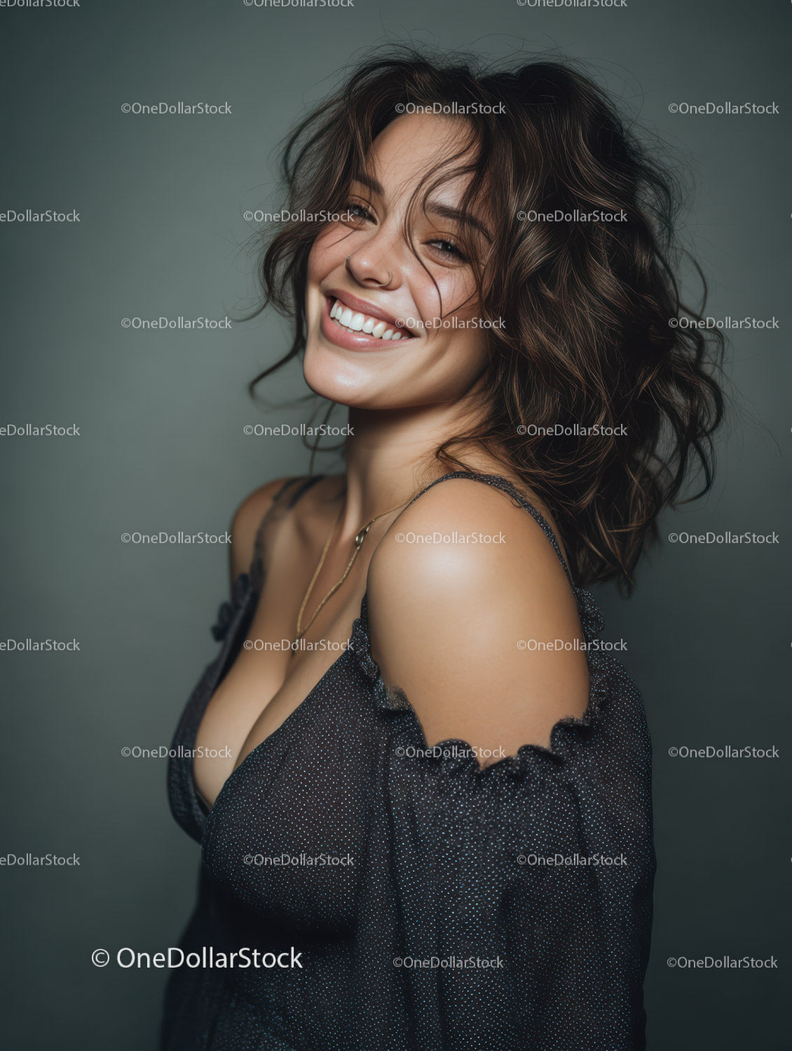 Happy Woman with Curly Hair Smiling Brightly in Studio